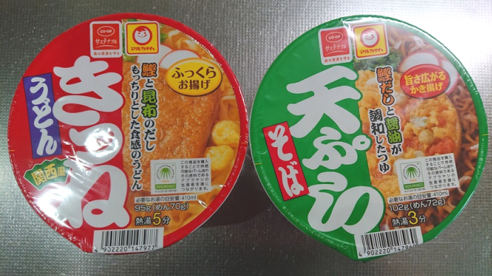 COOP&マルちゃん きつねうどん、天ぷらそば